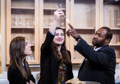 Chemistry professor with students in lab